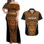 Custom Basketball New Zealand Couples Matching Off Shoulder Maxi Dress and Hawaiian Shirt Gold Maori Ta Moko Indigenous - Aussie Hoodie