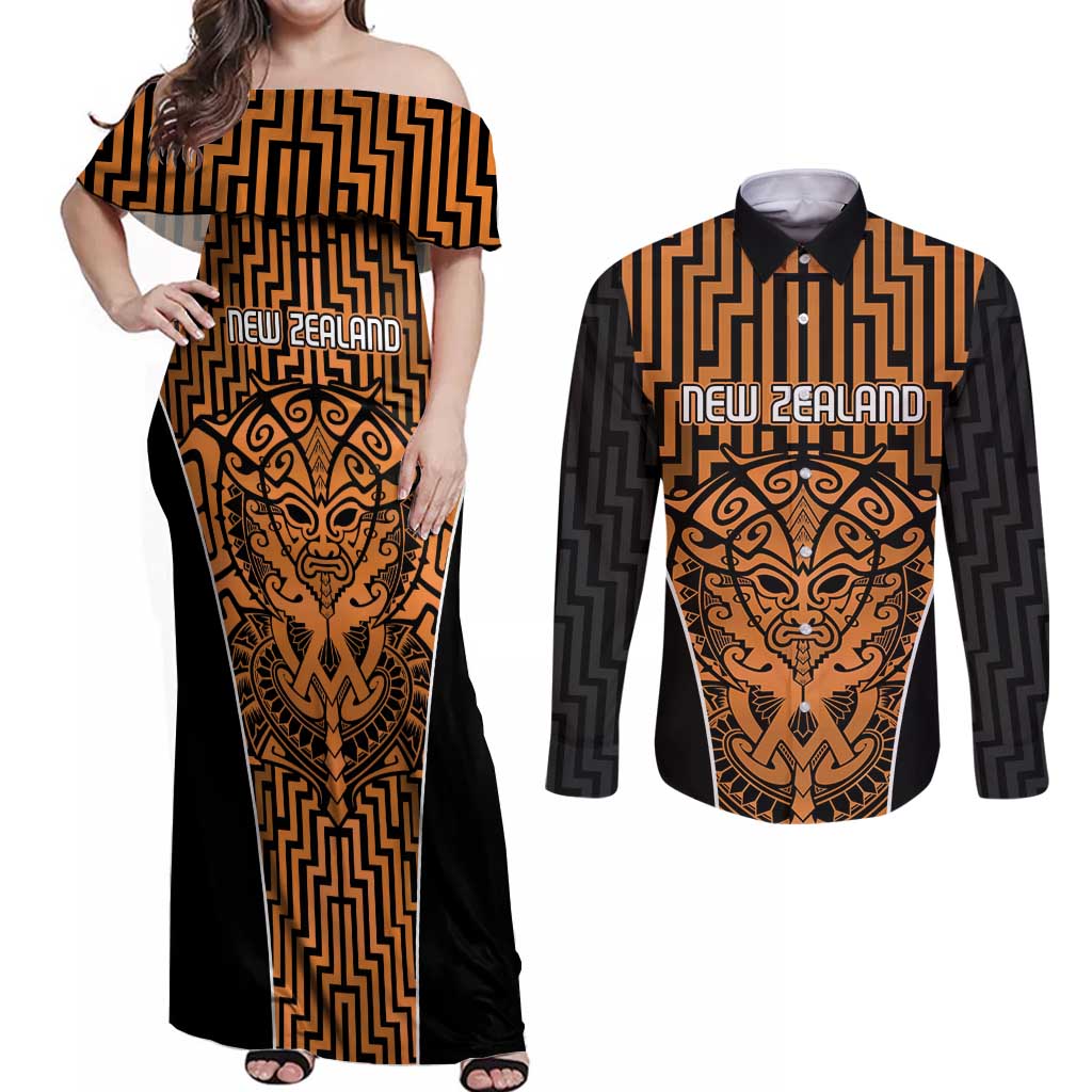 Custom Basketball New Zealand Couples Matching Off Shoulder Maxi Dress and Long Sleeve Button Shirt Gold Maori Ta Moko Indigenous - Aussie Hoodie