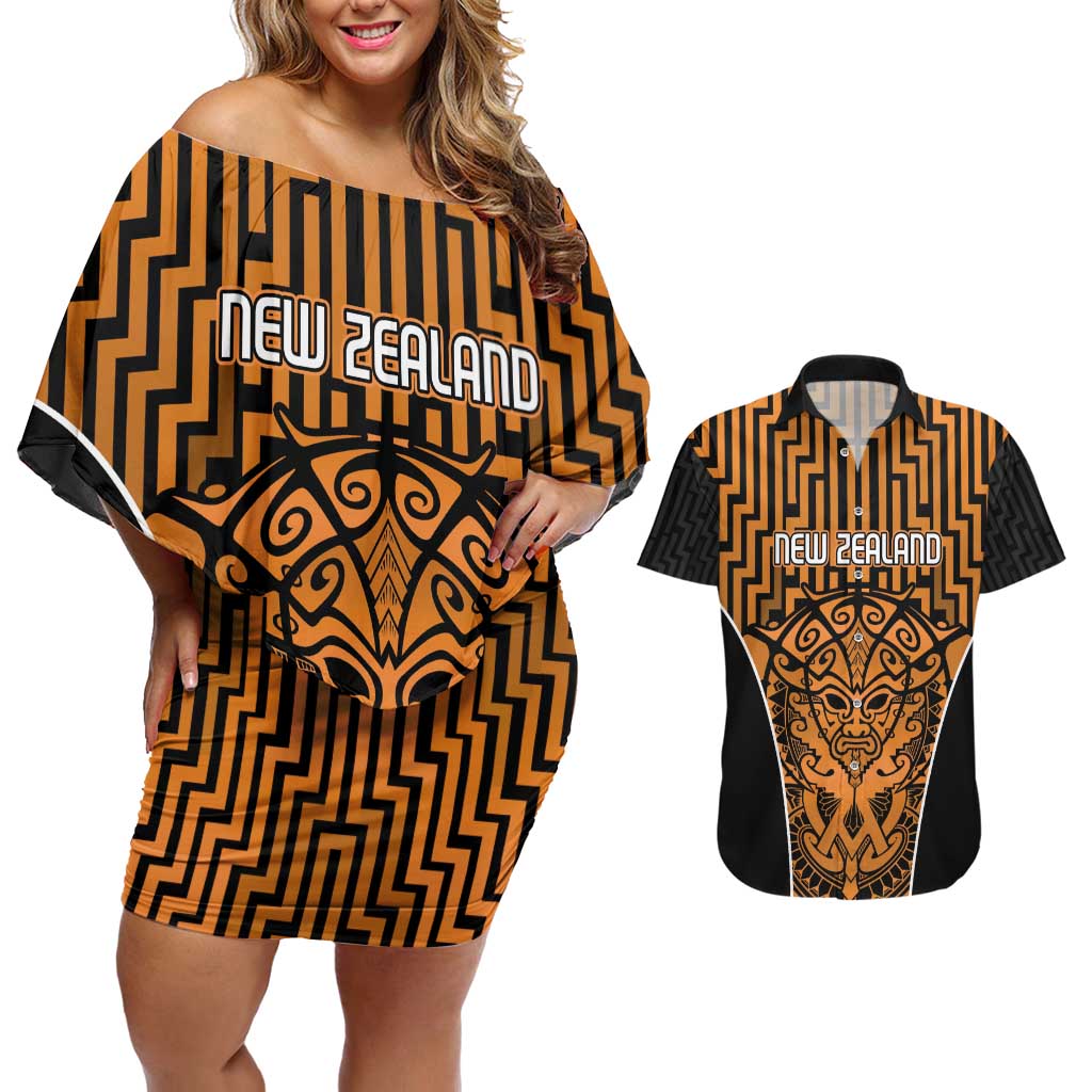 Custom Basketball New Zealand Couples Matching Off Shoulder Short Dress and Hawaiian Shirt Gold Maori Ta Moko Indigenous - Aussie Hoodie