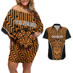 Custom Basketball New Zealand Couples Matching Off Shoulder Short Dress and Hawaiian Shirt Gold Maori Ta Moko Indigenous - Aussie Hoodie