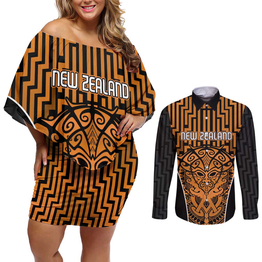 Custom Basketball New Zealand Couples Matching Off Shoulder Short Dress and Long Sleeve Button Shirt Gold Maori Ta Moko Indigenous - Aussie Hoodie
