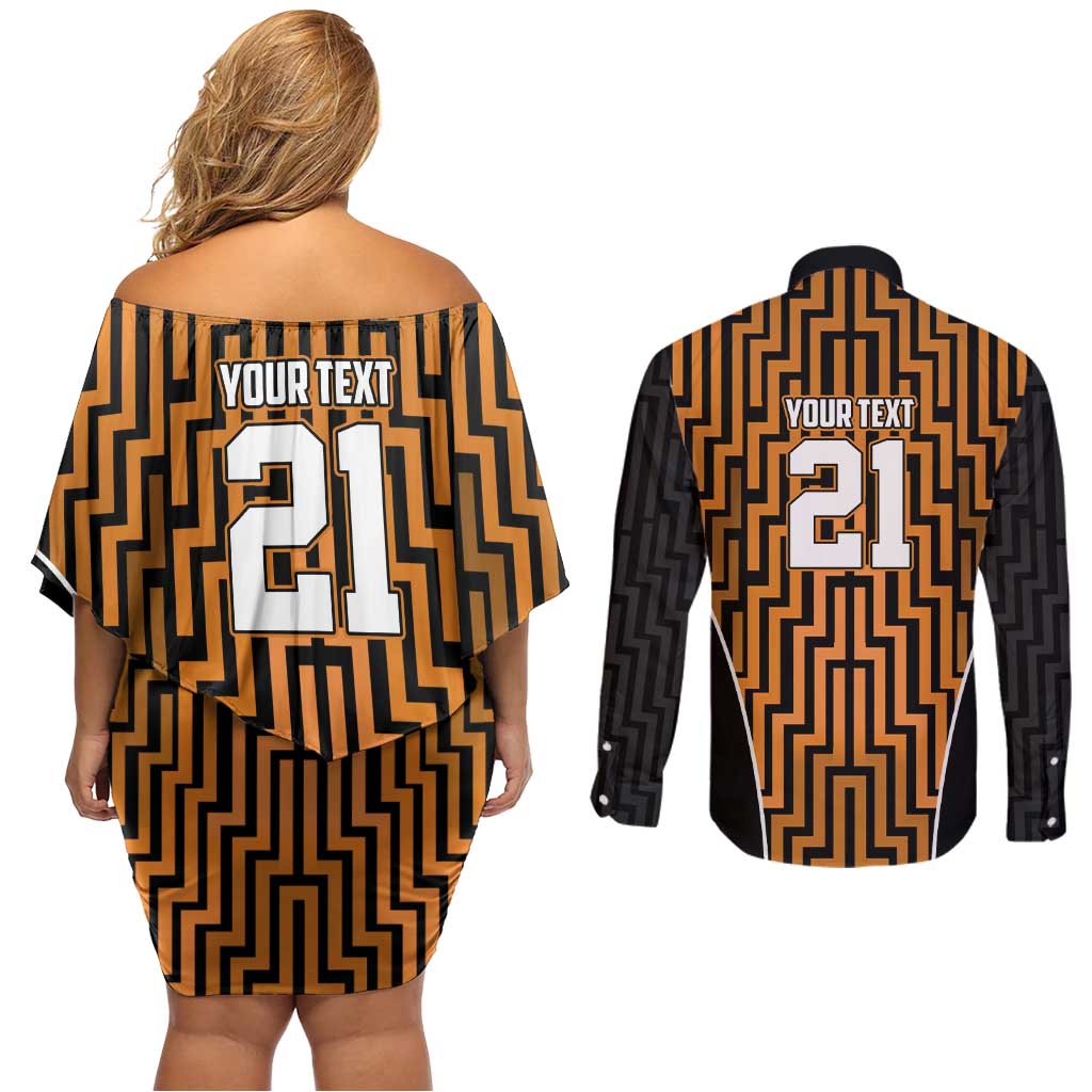 Custom Basketball New Zealand Couples Matching Off Shoulder Short Dress and Long Sleeve Button Shirt Gold Maori Ta Moko Indigenous - Aussie Hoodie
