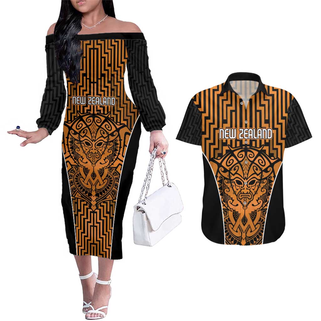 Custom Basketball New Zealand Couples Matching Off The Shoulder Long Sleeve Dress and Hawaiian Shirt Gold Maori Ta Moko Indigenous - Aussie Hoodie