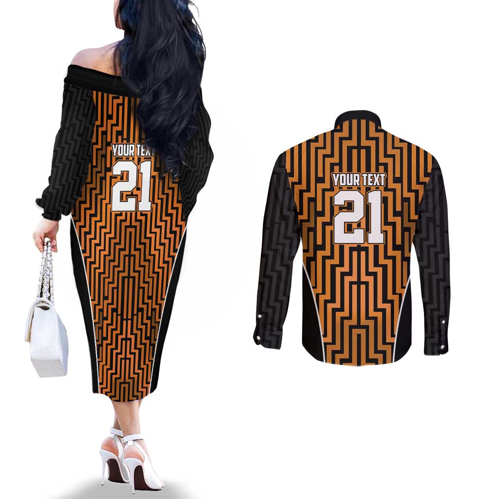 Custom Basketball New Zealand Couples Matching Off The Shoulder Long Sleeve Dress and Long Sleeve Button Shirt Gold Maori Ta Moko Indigenous - Aussie Hoodie