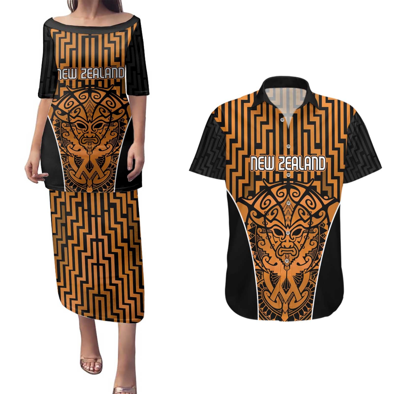 Custom Basketball New Zealand Couples Matching Puletasi and Hawaiian Shirt Gold Maori Ta Moko Indigenous - Aussie Hoodie