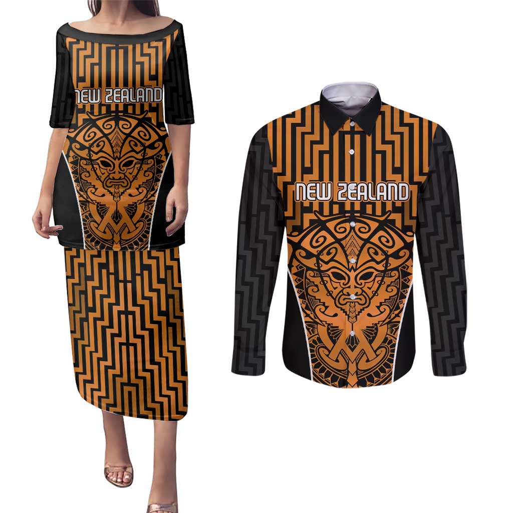 Custom Basketball New Zealand Couples Matching Puletasi and Long Sleeve Button Shirt Gold Maori Ta Moko Indigenous - Aussie Hoodie