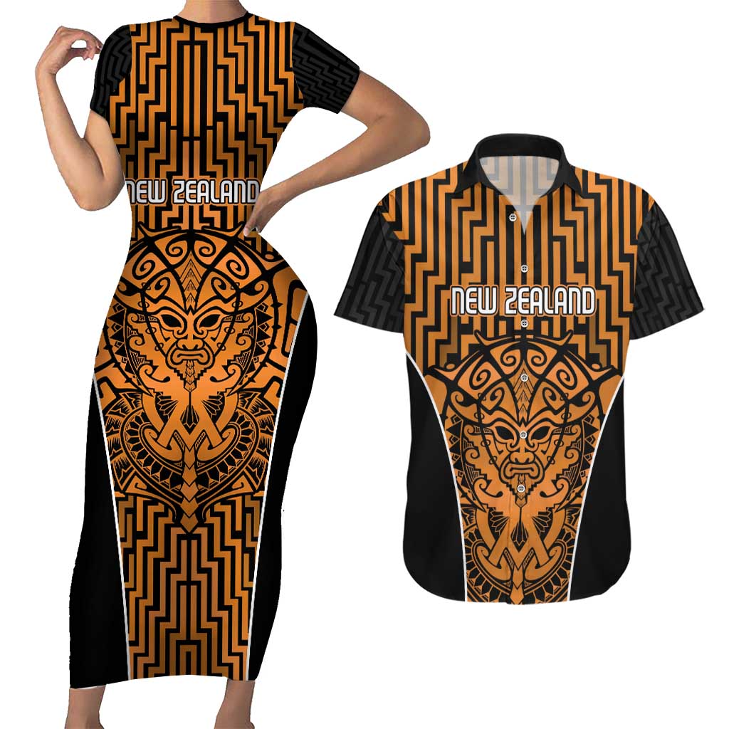 Custom Basketball New Zealand Couples Matching Short Sleeve Bodycon Dress and Hawaiian Shirt Gold Maori Ta Moko Indigenous - Aussie Hoodie
