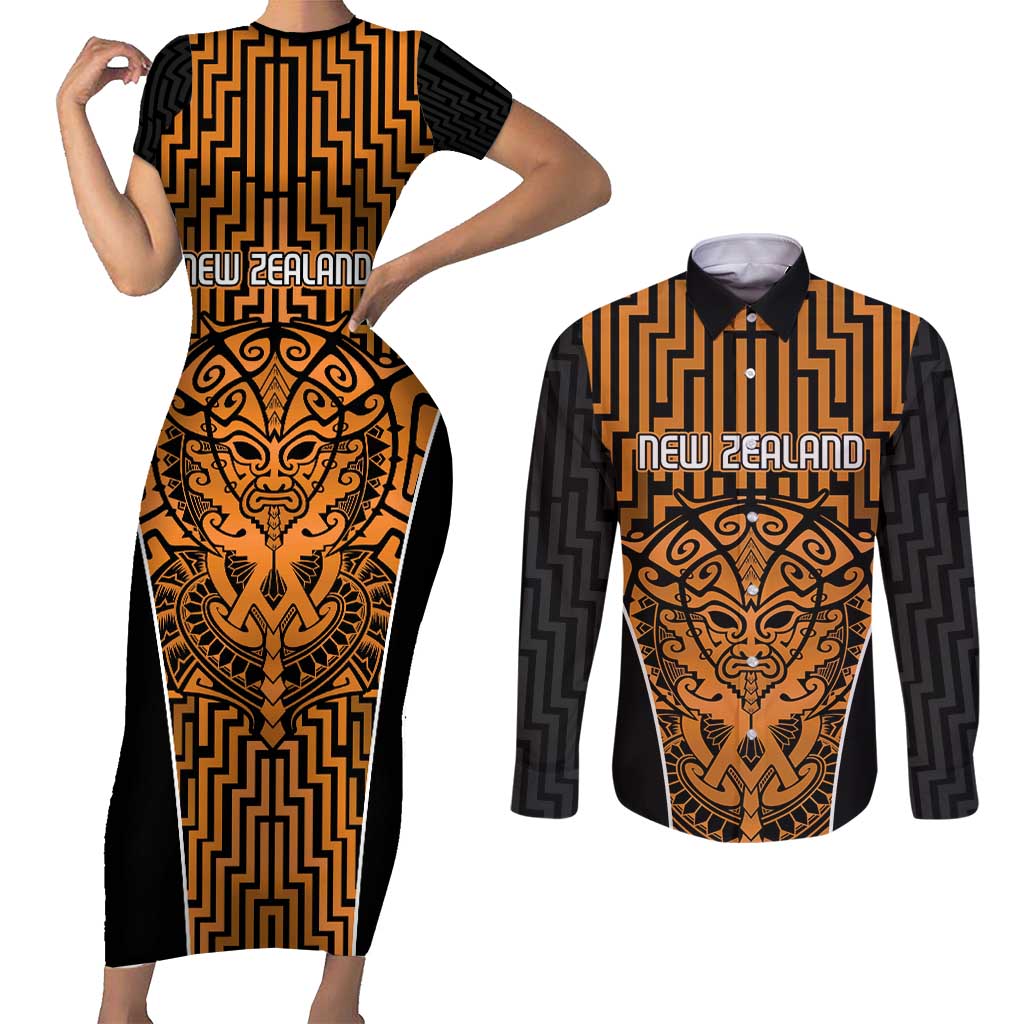 Custom Basketball New Zealand Couples Matching Short Sleeve Bodycon Dress and Long Sleeve Button Shirt Gold Maori Ta Moko Indigenous - Aussie Hoodie