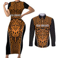 Custom Basketball New Zealand Couples Matching Short Sleeve Bodycon Dress and Long Sleeve Button Shirt Gold Maori Ta Moko Indigenous - Aussie Hoodie