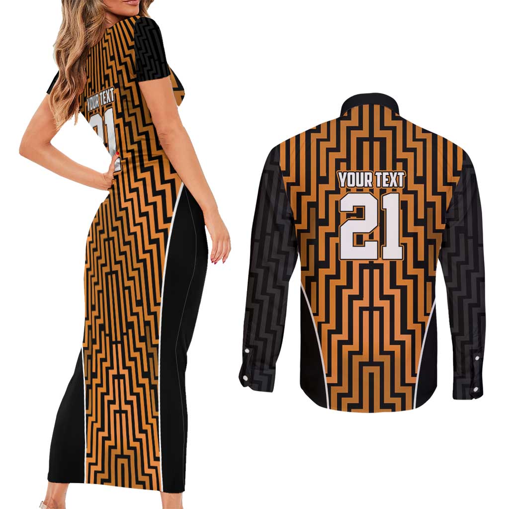 Custom Basketball New Zealand Couples Matching Short Sleeve Bodycon Dress and Long Sleeve Button Shirt Gold Maori Ta Moko Indigenous - Aussie Hoodie