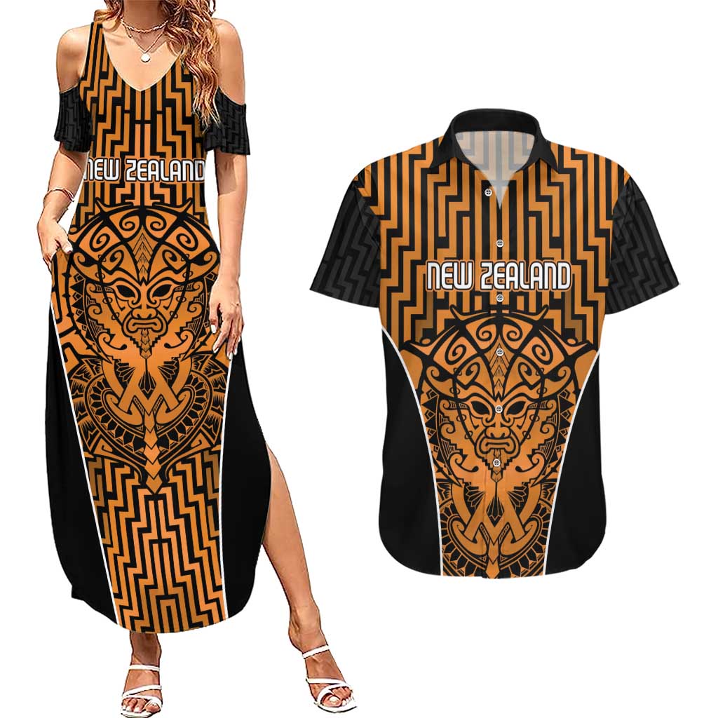 Custom Basketball New Zealand Couples Matching Summer Maxi Dress and Hawaiian Shirt Gold Maori Ta Moko Indigenous - Aussie Hoodie