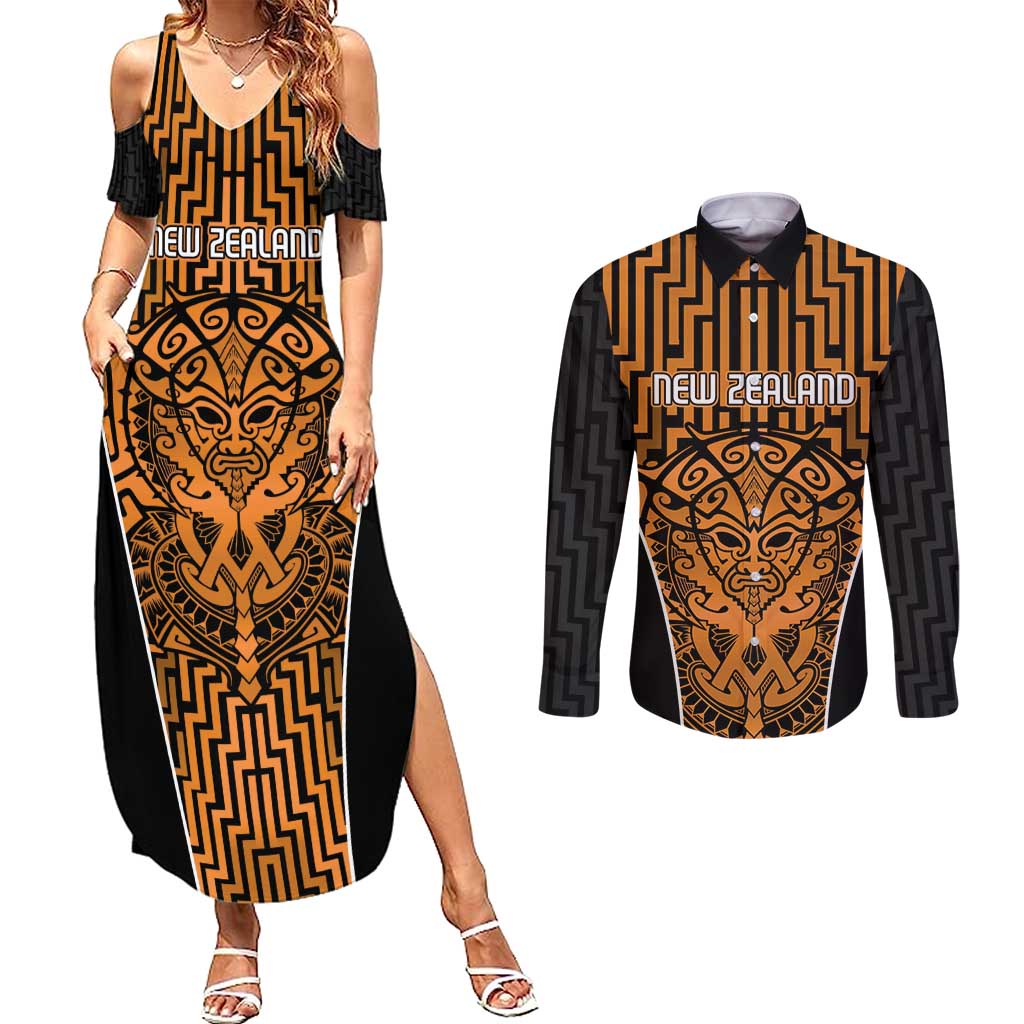 Custom Basketball New Zealand Couples Matching Summer Maxi Dress and Long Sleeve Button Shirt Gold Maori Ta Moko Indigenous - Aussie Hoodie