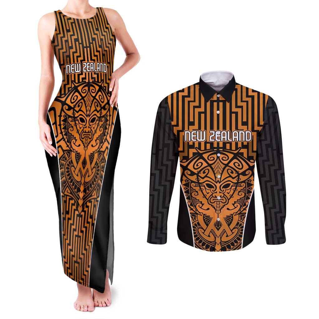 Custom Basketball New Zealand Couples Matching Tank Maxi Dress and Long Sleeve Button Shirt Gold Maori Ta Moko Indigenous - Aussie Hoodie