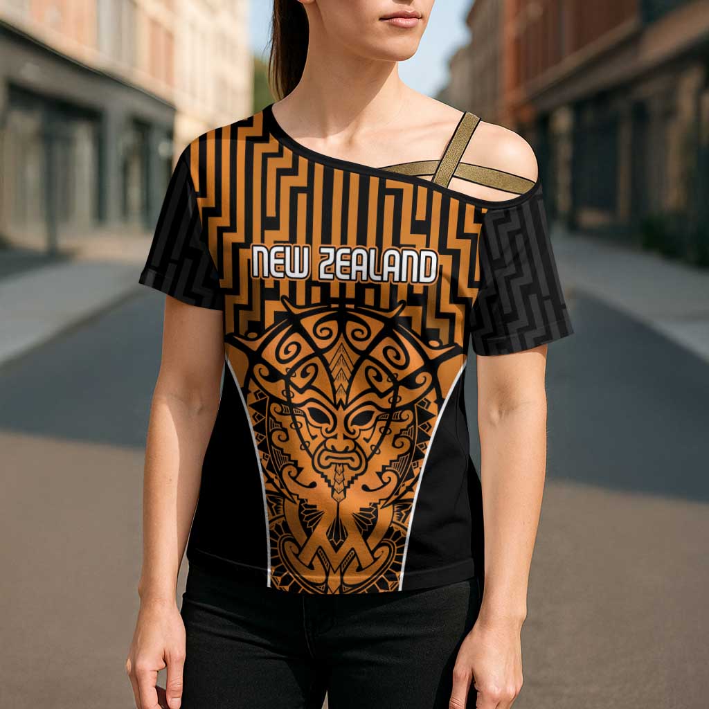 Custom Basketball New Zealand Cross Shoulder Shirt Gold Maori Ta Moko Indigenous - Aussie Hoodie