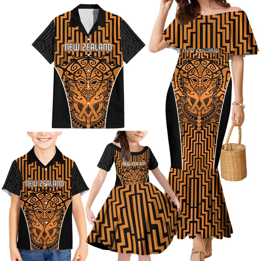 Custom Basketball New Zealand Family Matching Mermaid Dress and Hawaiian Shirt Gold Maori Ta Moko Indigenous - Aussie Hoodie