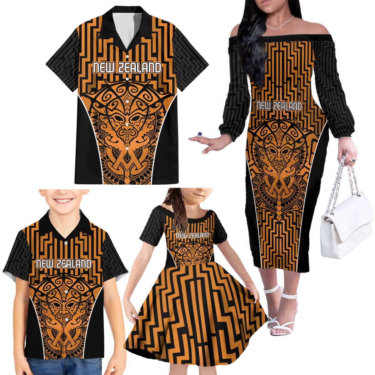 Custom Basketball New Zealand Family Matching Off The Shoulder Long Sleeve Dress and Hawaiian Shirt Gold Maori Ta Moko Indigenous - Aussie Hoodie