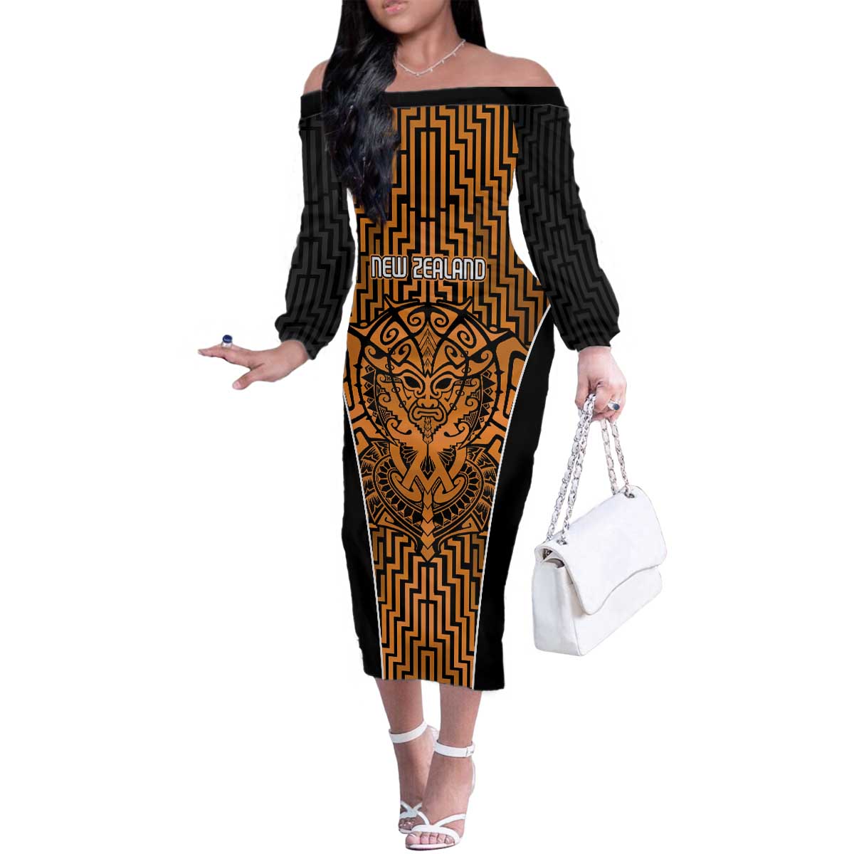 Custom Basketball New Zealand Family Matching Off The Shoulder Long Sleeve Dress and Hawaiian Shirt Gold Maori Ta Moko Indigenous - Aussie Hoodie