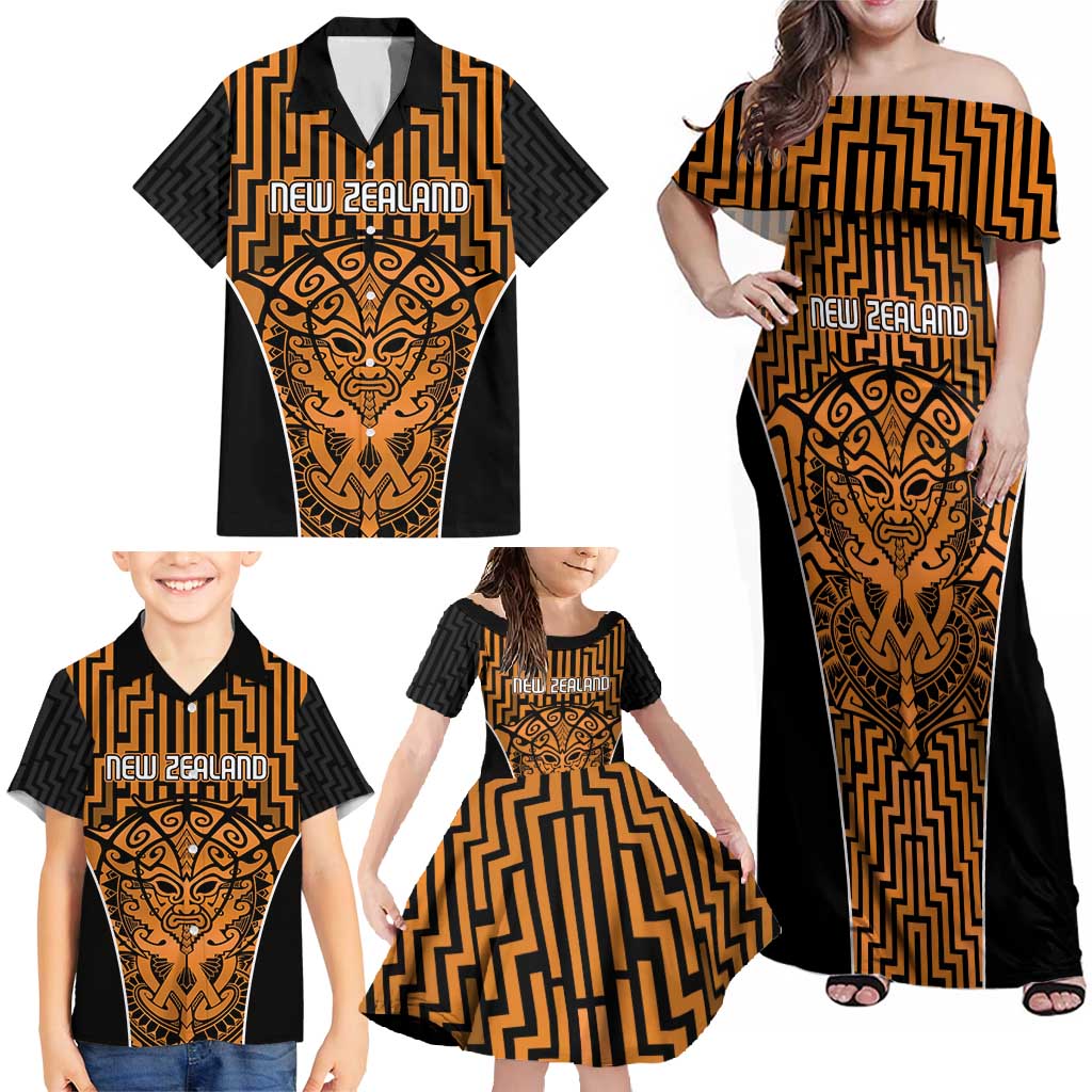 Custom Basketball New Zealand Family Matching Off Shoulder Maxi Dress and Hawaiian Shirt Gold Maori Ta Moko Indigenous - Aussie Hoodie