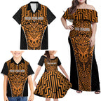 Custom Basketball New Zealand Family Matching Off Shoulder Maxi Dress and Hawaiian Shirt Gold Maori Ta Moko Indigenous - Aussie Hoodie