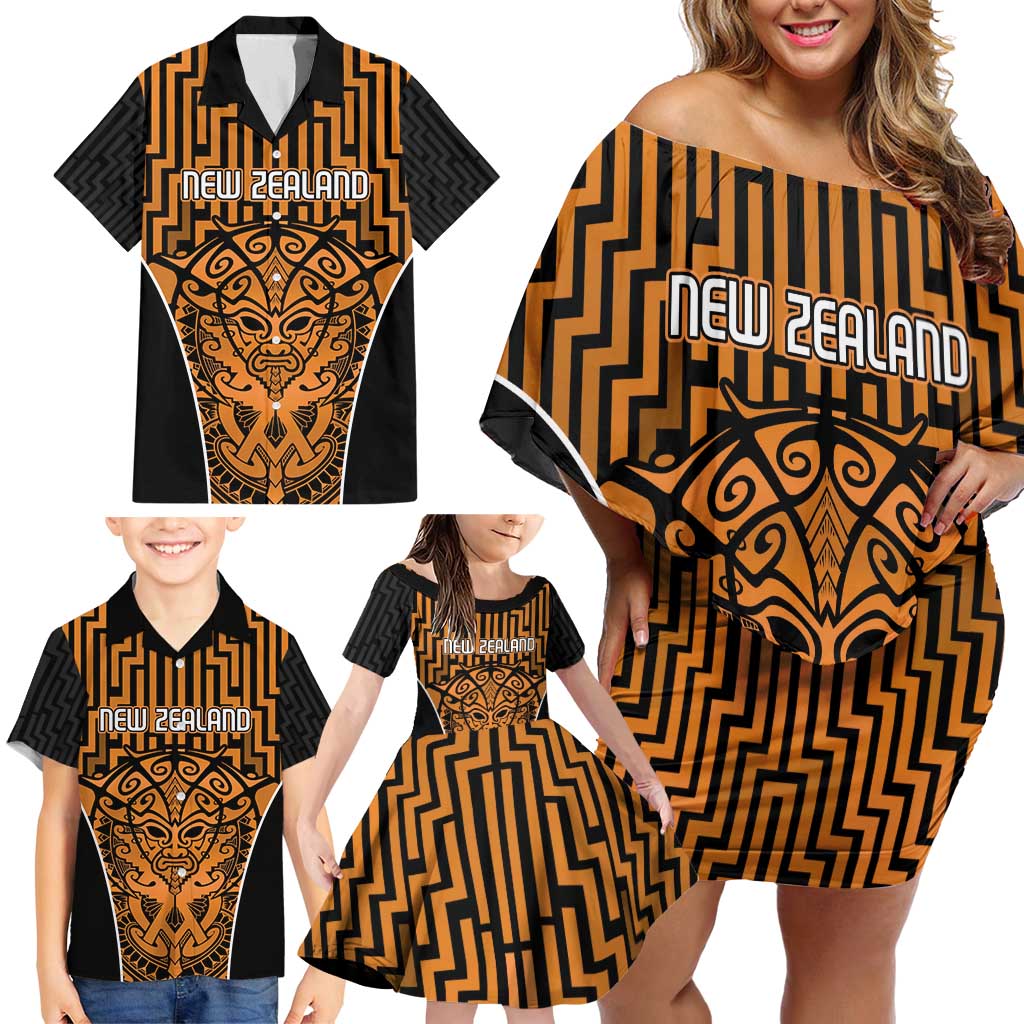 Custom Basketball New Zealand Family Matching Off Shoulder Short Dress and Hawaiian Shirt Gold Maori Ta Moko Indigenous - Aussie Hoodie