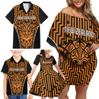 Custom Basketball New Zealand Family Matching Off Shoulder Short Dress and Hawaiian Shirt Gold Maori Ta Moko Indigenous - Aussie Hoodie