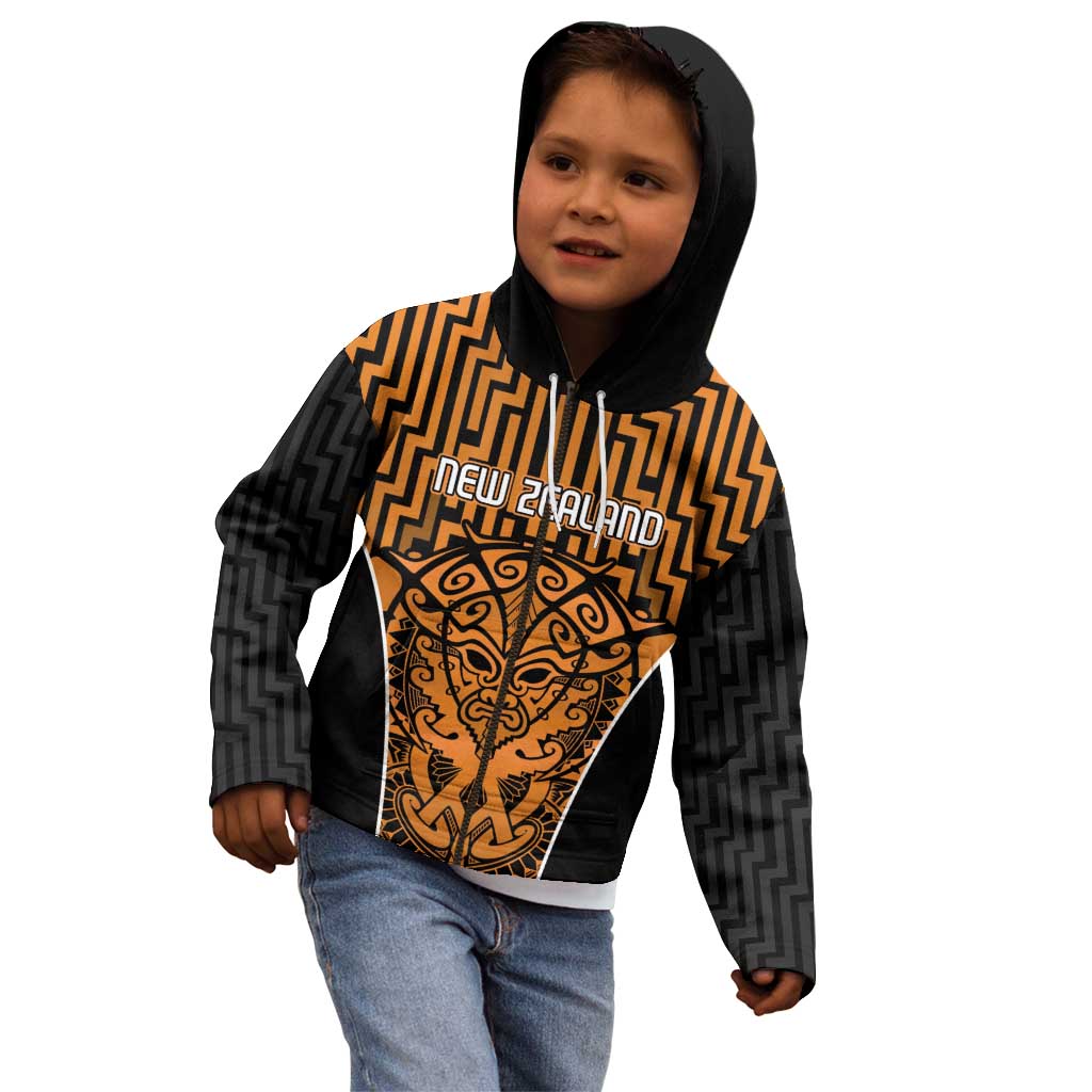 Custom Basketball New Zealand Kid Hoodie Gold Maori Ta Moko Indigenous - Aussie Hoodie