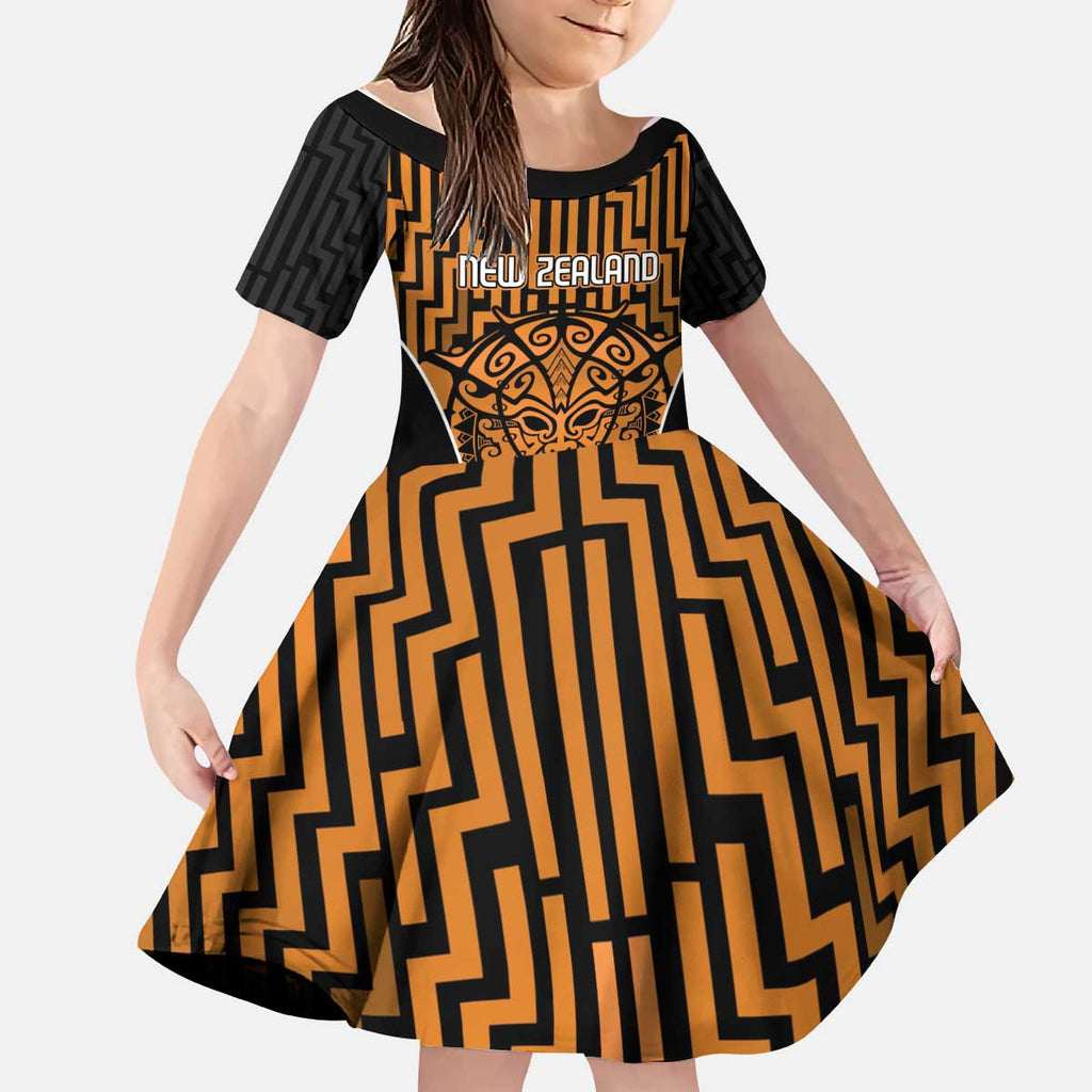 Custom Basketball New Zealand Kid Short Sleeve Dress Gold Maori Ta Moko Indigenous - Aussie Hoodie