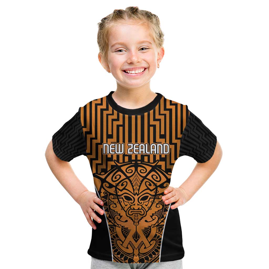 Custom Basketball New Zealand Kid T Shirt Gold Maori Ta Moko Indigenous - Aussie Hoodie