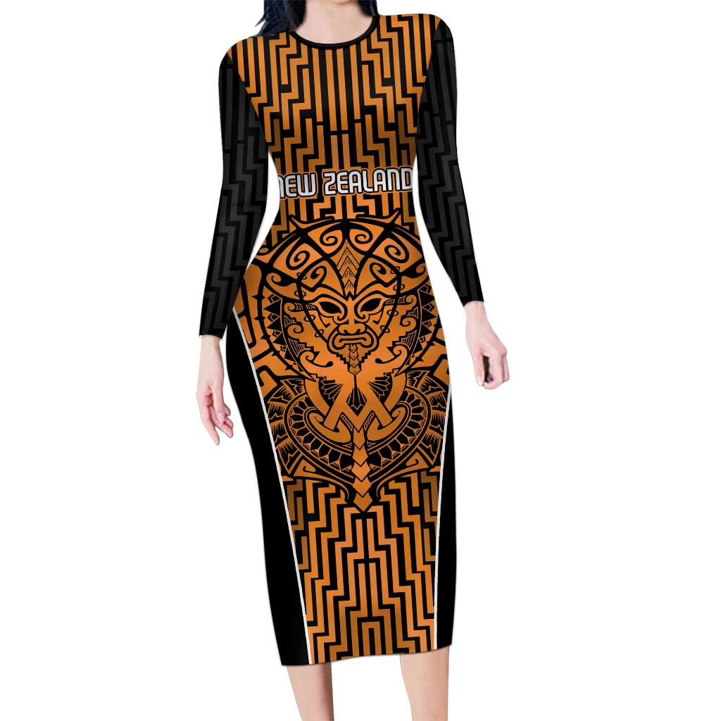 Custom Basketball New Zealand Long Sleeve Bodycon Dress Gold Maori Ta Moko Indigenous - Aussie Hoodie