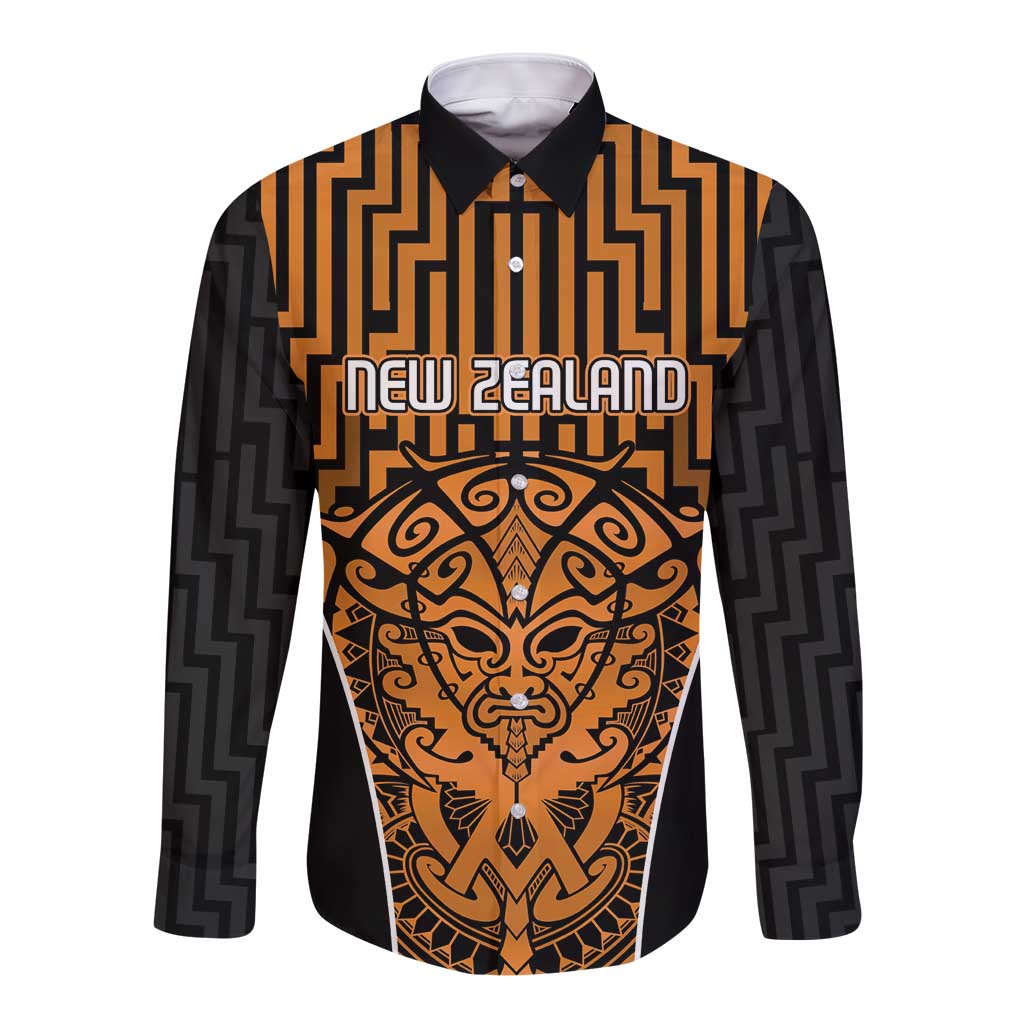 Custom Basketball New Zealand Long Sleeve Button Shirt Gold Maori Ta Moko Indigenous - Aussie Hoodie