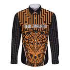 Custom Basketball New Zealand Long Sleeve Button Shirt Gold Maori Ta Moko Indigenous - Aussie Hoodie