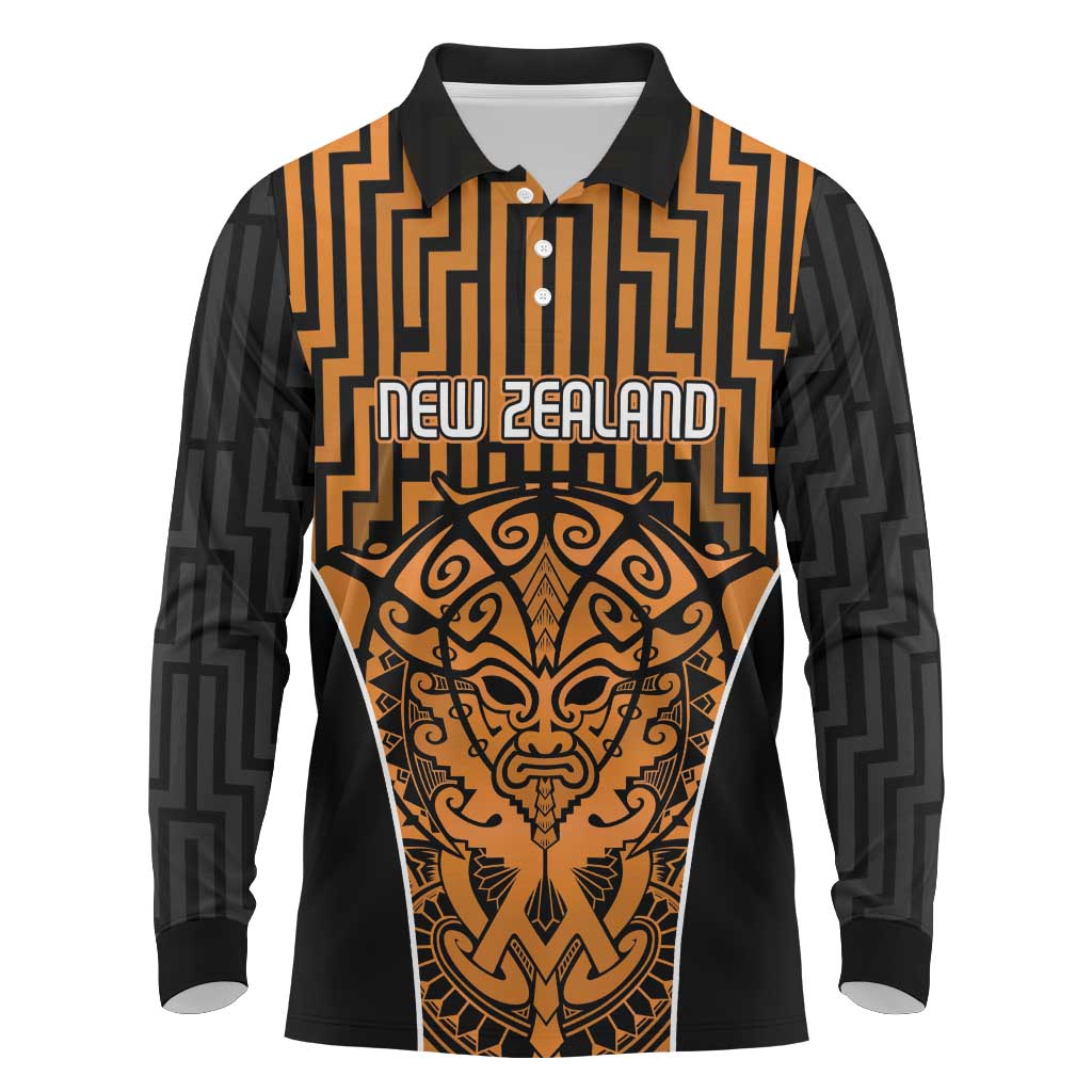 Custom Basketball New Zealand Long Sleeve Polo Shirt Gold Maori Ta Moko Indigenous - Aussie Hoodie