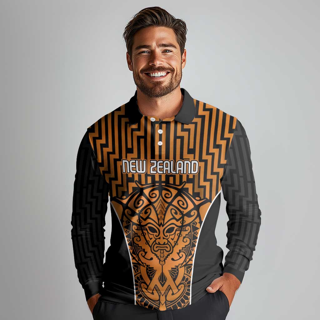 Custom Basketball New Zealand Long Sleeve Polo Shirt Gold Maori Ta Moko Indigenous - Aussie Hoodie