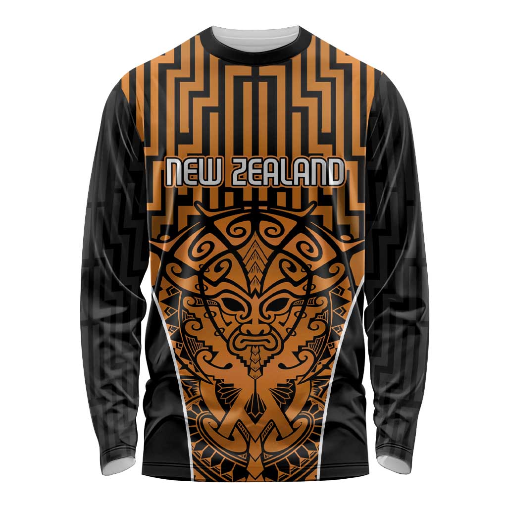 Custom Basketball New Zealand Long Sleeve Shirt Gold Maori Ta Moko Indigenous - Aussie Hoodie