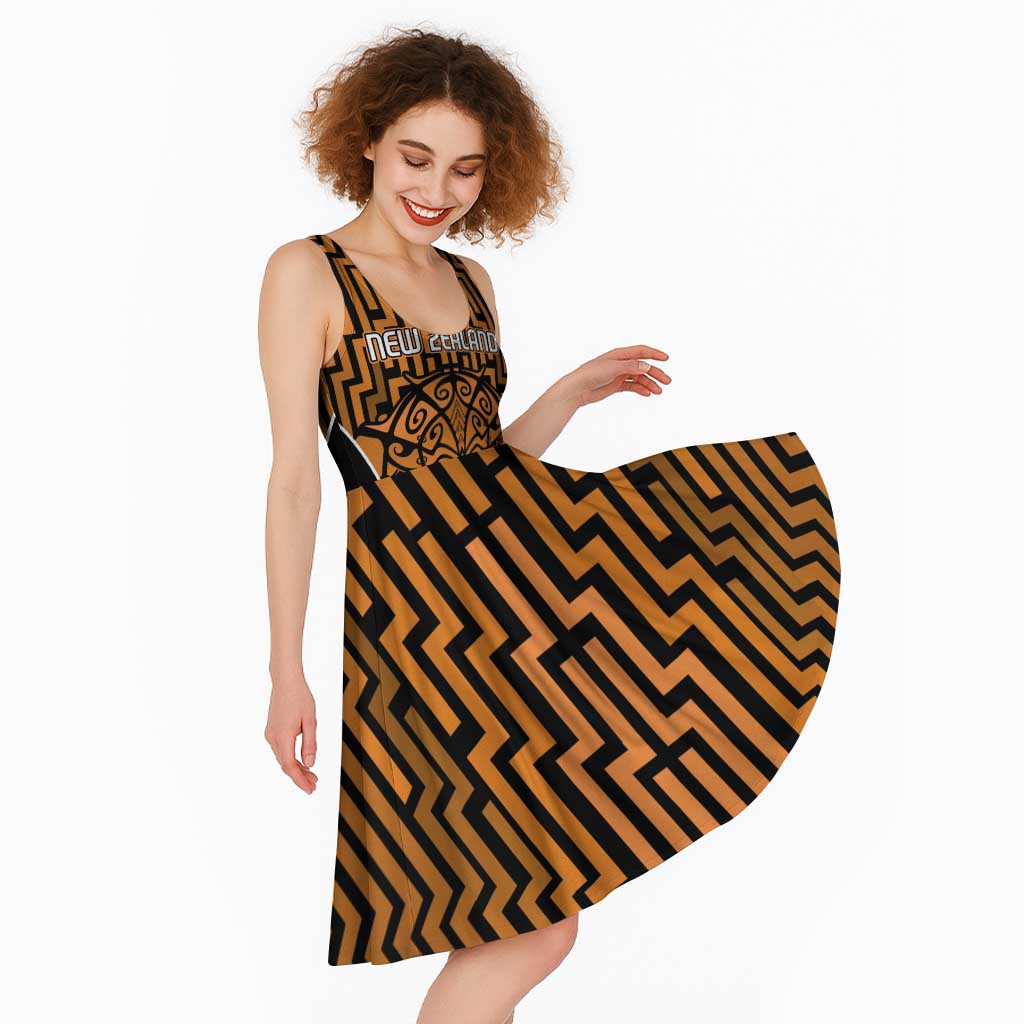 Custom Basketball New Zealand Midi Dress Gold Maori Ta Moko Indigenous - Aussie Hoodie