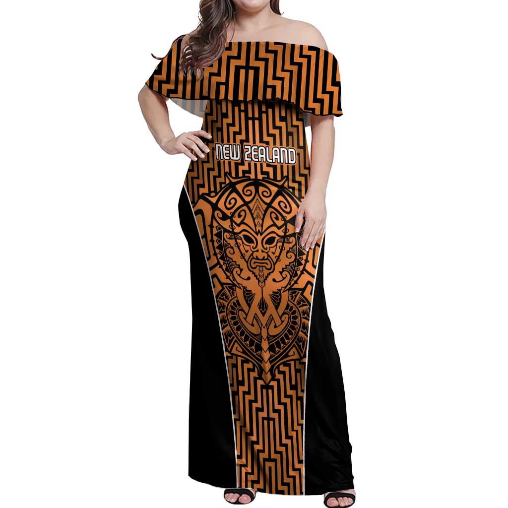 Custom Basketball New Zealand Off Shoulder Maxi Dress Gold Maori Ta Moko Indigenous - Aussie Hoodie