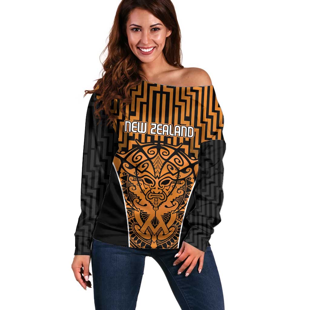 Custom Basketball New Zealand Off Shoulder Sweater Gold Maori Ta Moko Indigenous - Aussie Hoodie