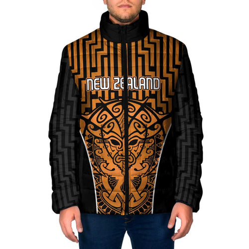 Custom Basketball New Zealand Padded Jacket Gold Maori Ta Moko Indigenous - Aussie Hoodie