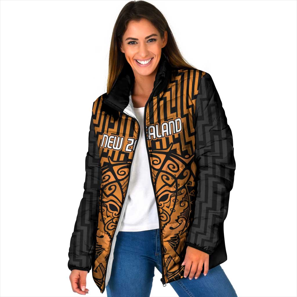Custom Basketball New Zealand Padded Jacket Gold Maori Ta Moko Indigenous - Aussie Hoodie