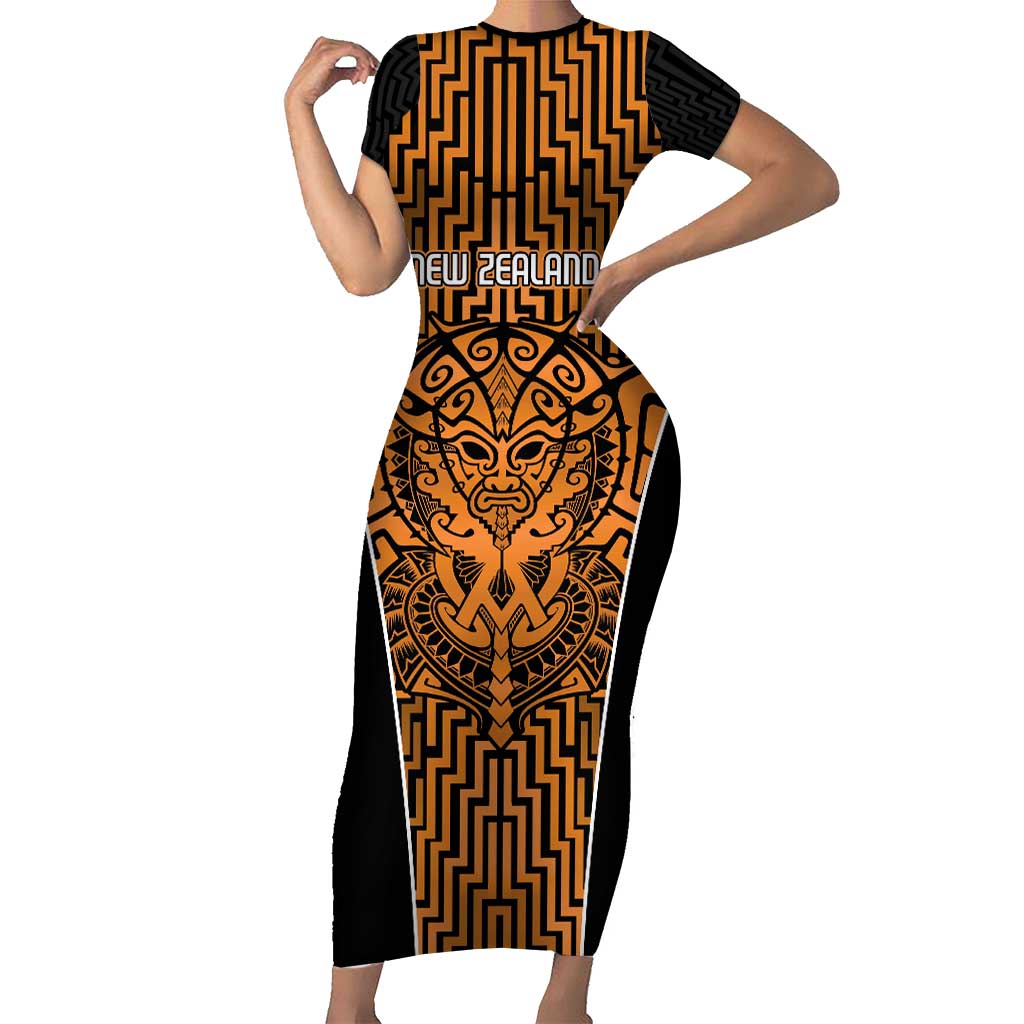 Custom Basketball New Zealand Short Sleeve Bodycon Dress Gold Maori Ta Moko Indigenous - Aussie Hoodie