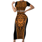 Custom Basketball New Zealand Short Sleeve Bodycon Dress Gold Maori Ta Moko Indigenous - Aussie Hoodie