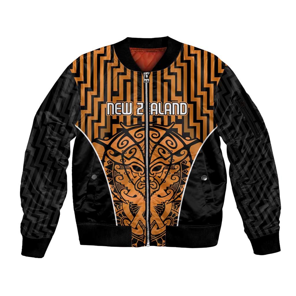 Custom Basketball New Zealand Sleeve Zip Bomber Jacket Gold Maori Ta Moko Indigenous - Aussie Hoodie