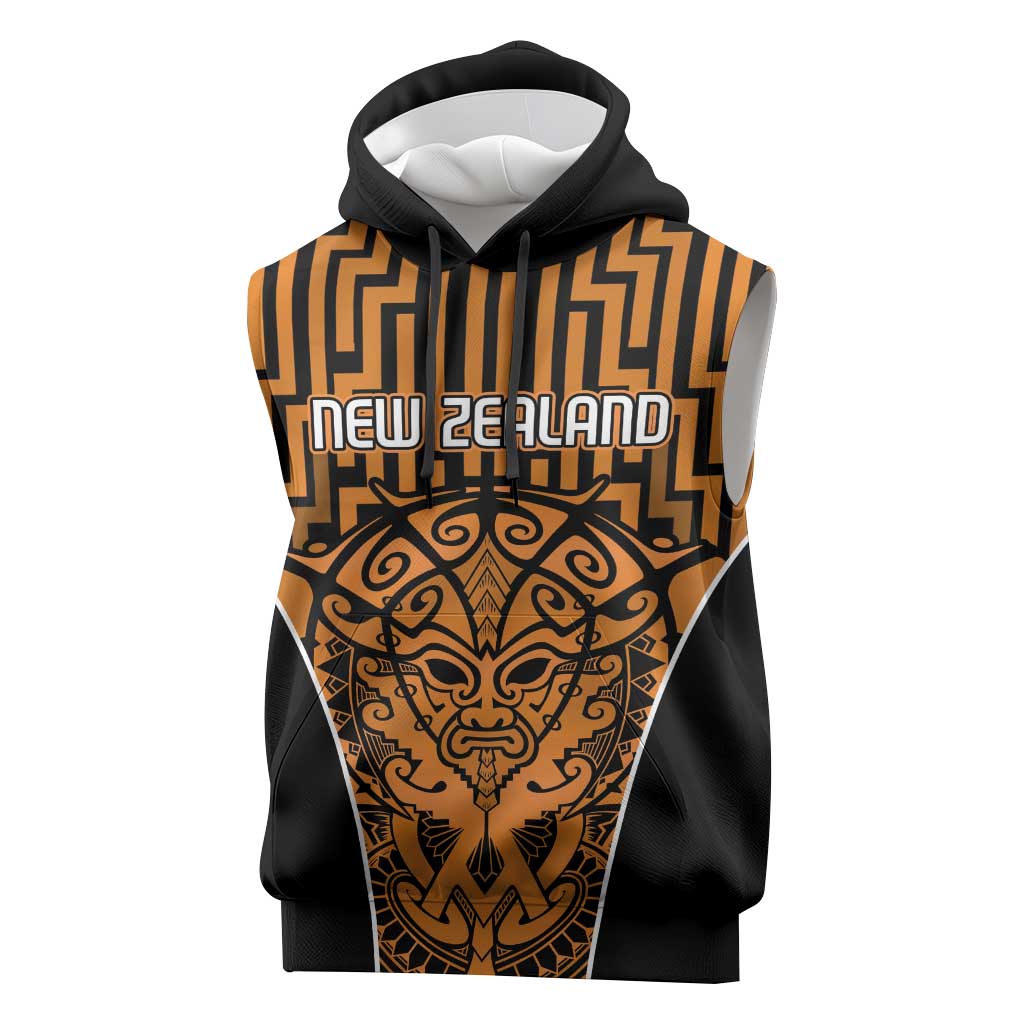 Custom Basketball New Zealand Sleeveless Hoodie Gold Maori Ta Moko Indigenous - Aussie Hoodie