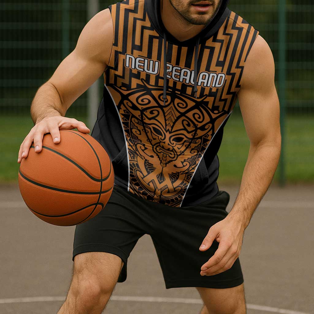 Custom Basketball New Zealand Sleeveless Hoodie Gold Maori Ta Moko Indigenous - Aussie Hoodie