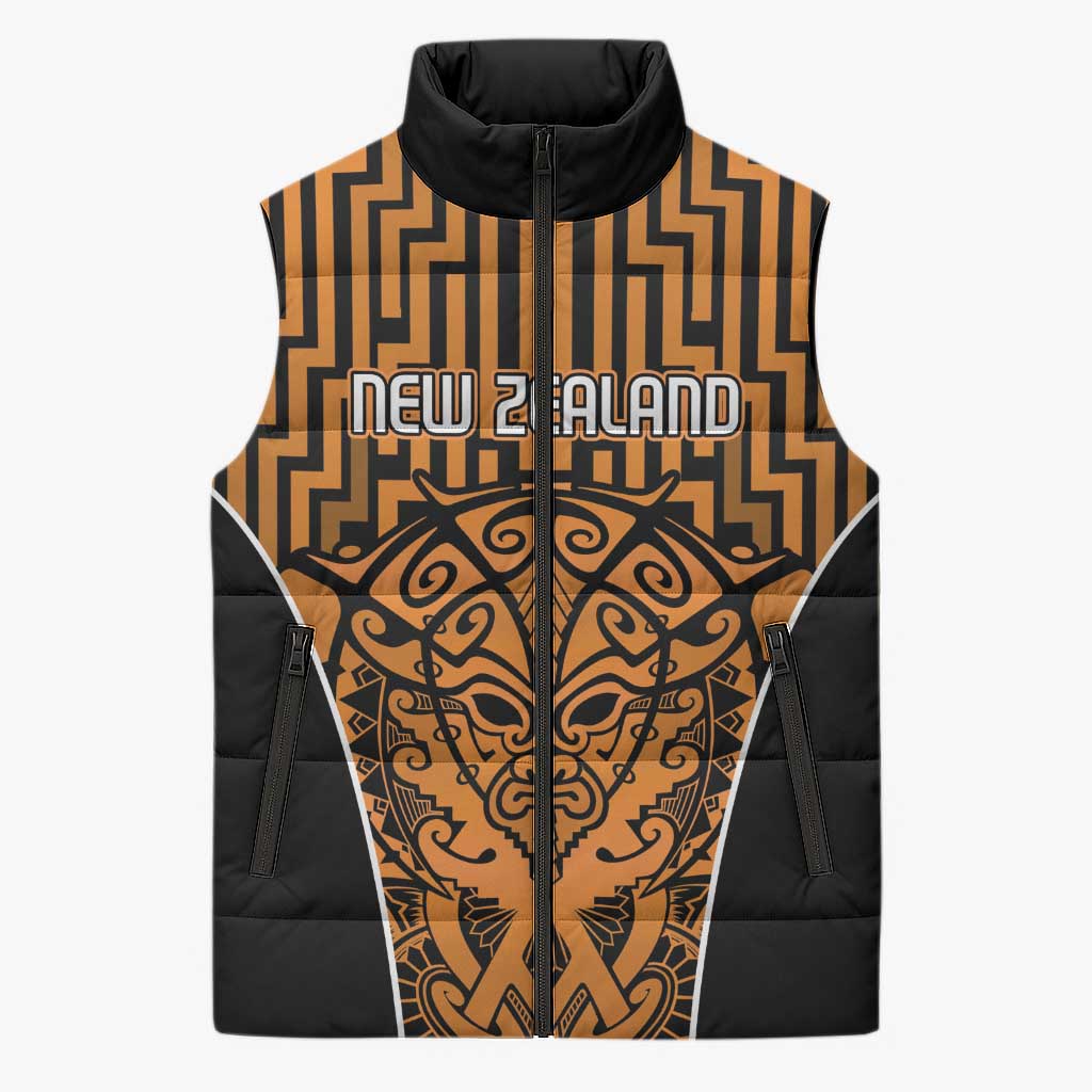 Custom Basketball New Zealand Sleeveless Puffer Jacket Gold Maori Ta Moko Indigenous - Aussie Hoodie