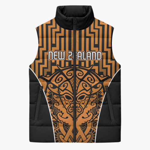 Custom Basketball New Zealand Sleeveless Puffer Jacket Gold Maori Ta Moko Indigenous - Aussie Hoodie