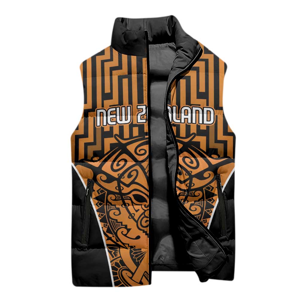Custom Basketball New Zealand Sleeveless Puffer Jacket Gold Maori Ta Moko Indigenous - Aussie Hoodie