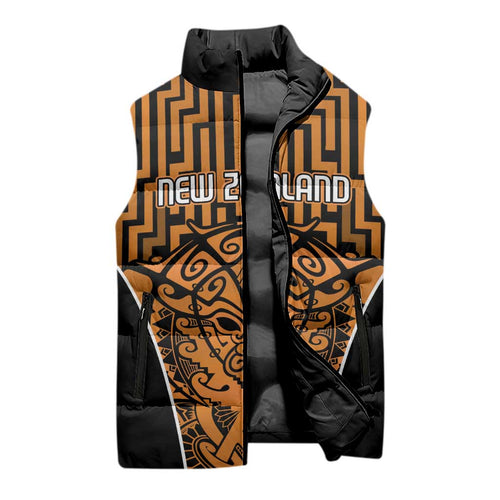 Custom Basketball New Zealand Sleeveless Puffer Jacket Gold Maori Ta Moko Indigenous - Aussie Hoodie