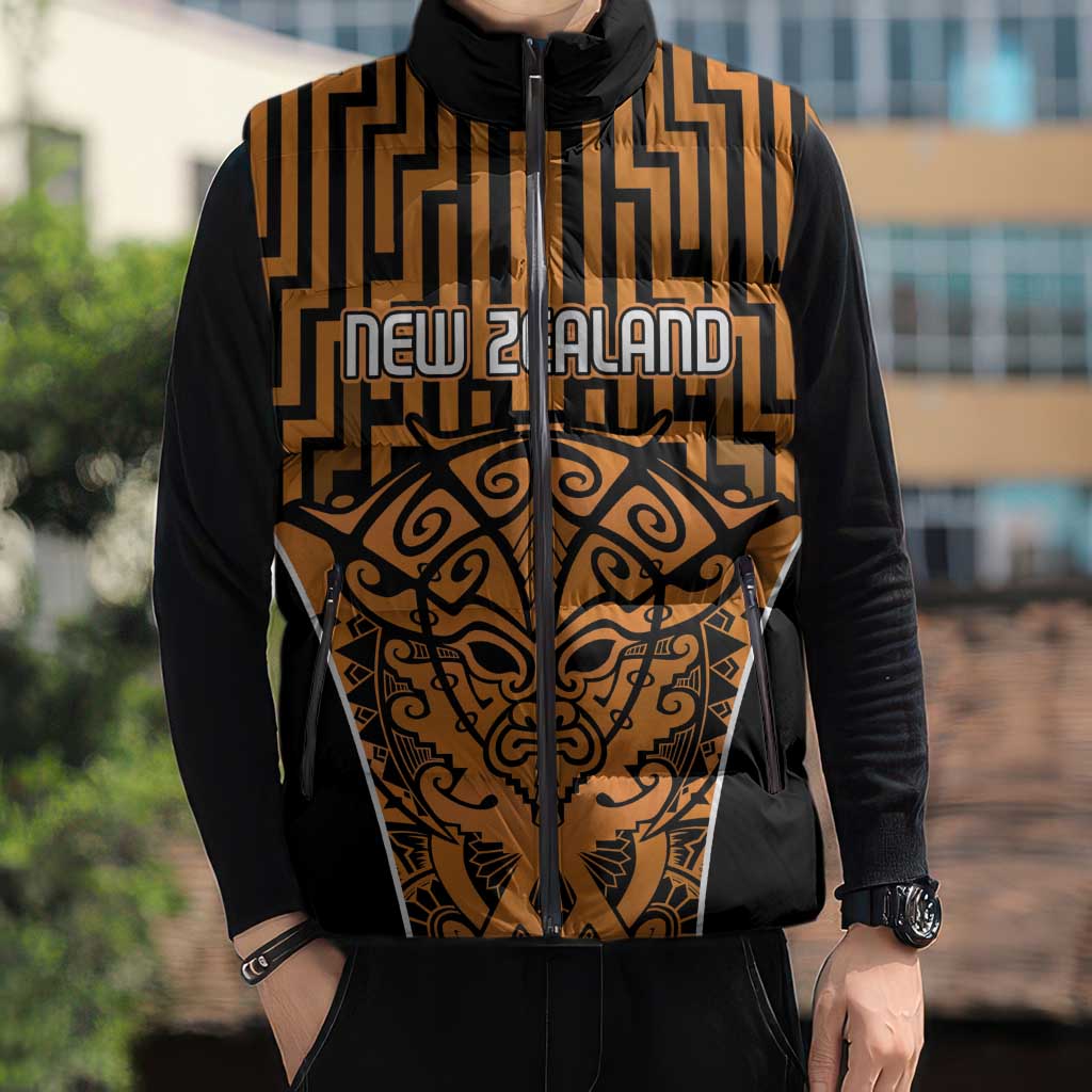 Custom Basketball New Zealand Sleeveless Puffer Jacket Gold Maori Ta Moko Indigenous - Aussie Hoodie