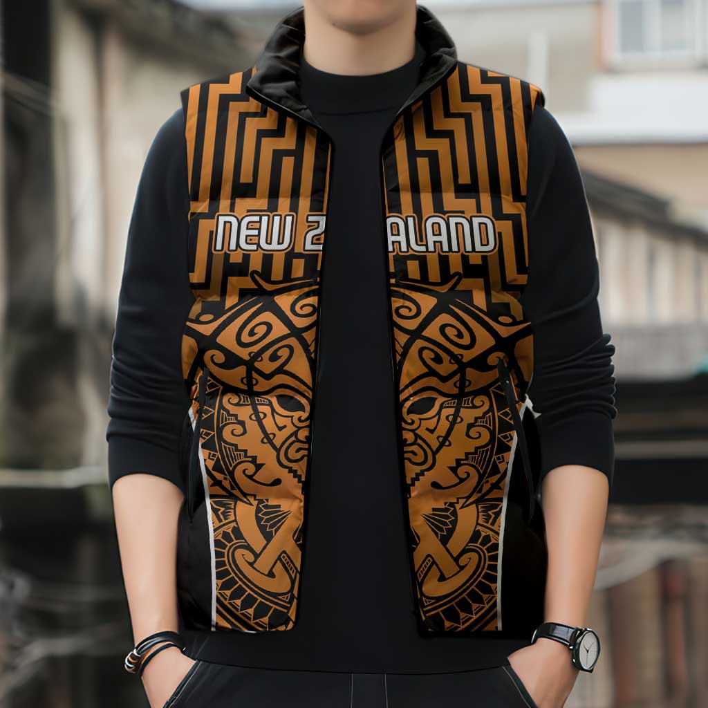 Custom Basketball New Zealand Sleeveless Puffer Jacket Gold Maori Ta Moko Indigenous - Aussie Hoodie